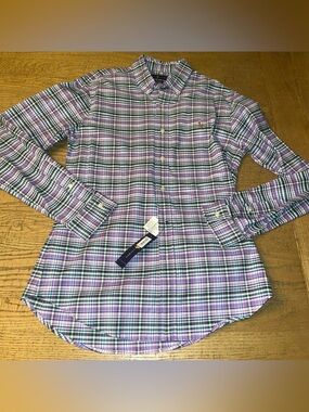 Ralph Lauren Cotton Button-Up Shirt Long Sleeve Green Purple Blue White Plaid M